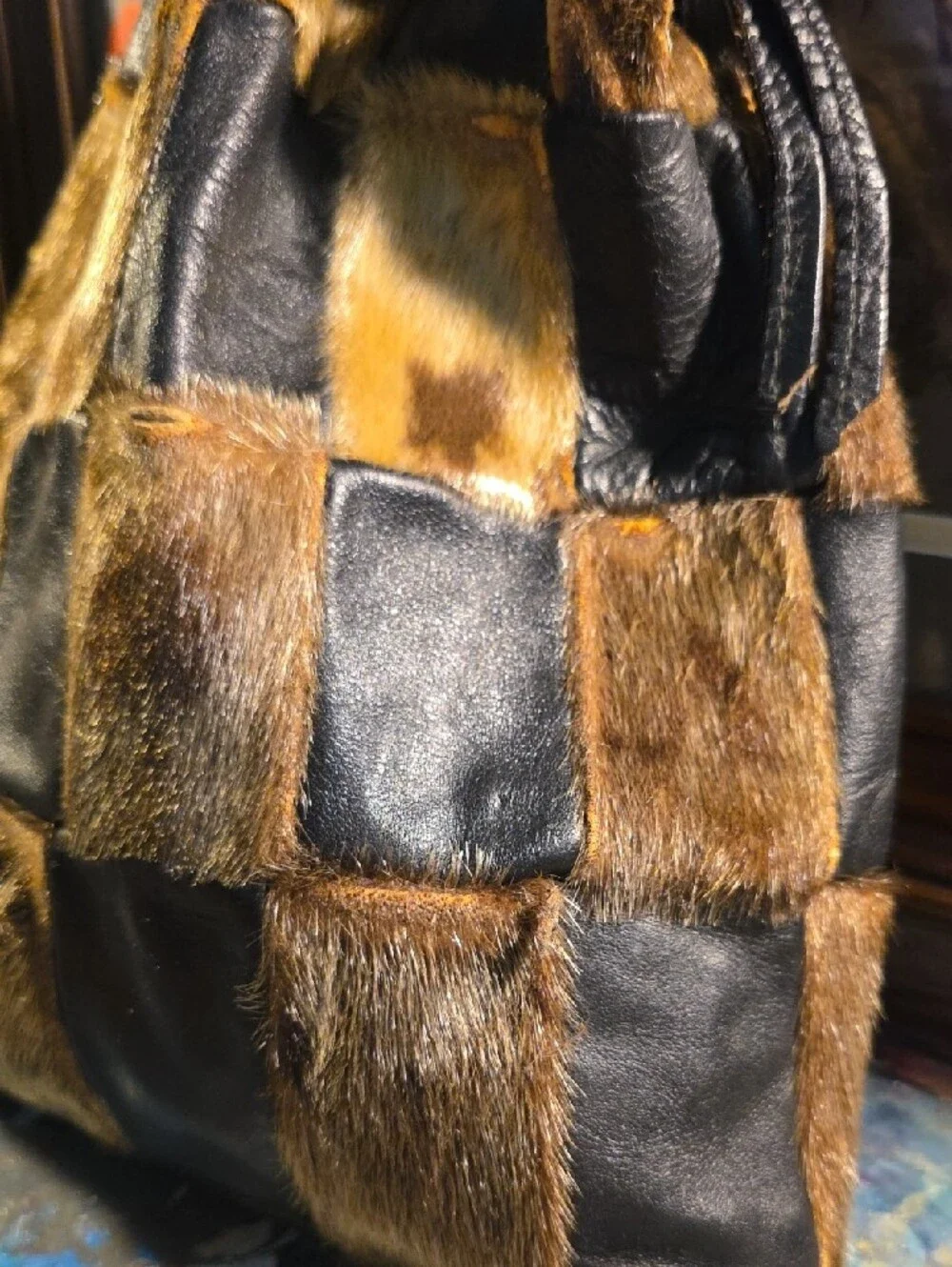 Authentic Seal! Patchwork Fur & Leather Drawstring Hobo Bag - Brown